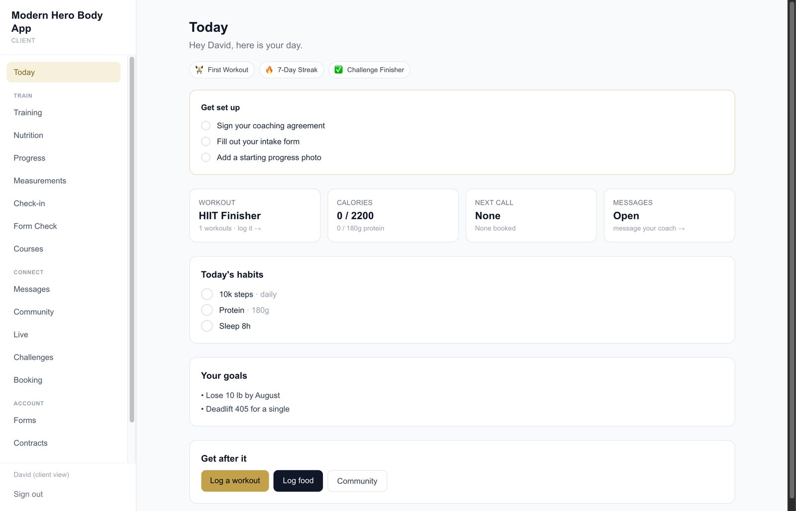 A training platform for a fitness coach. Clients, programs, and check ins.