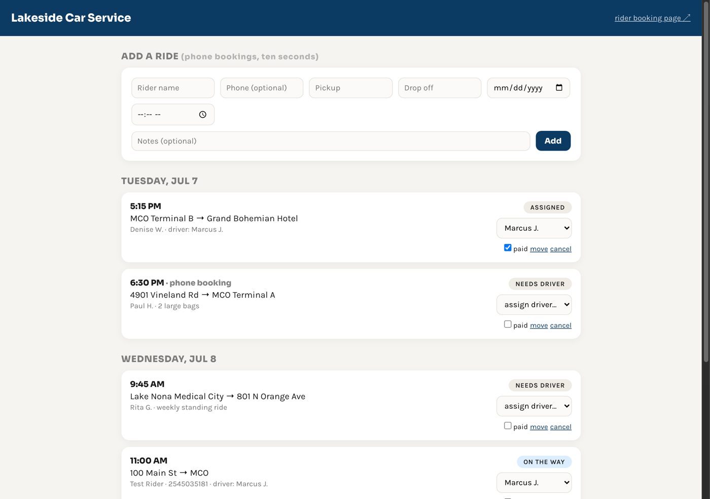 A car service dispatch board. Rides, drivers, and payments on one screen.